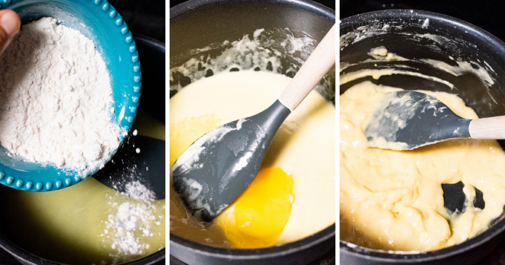 Collage image of sauce pan making the dough for air fryer churros