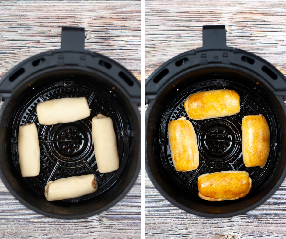 Before and after cooking the sausage kolaches in the air fryer. 