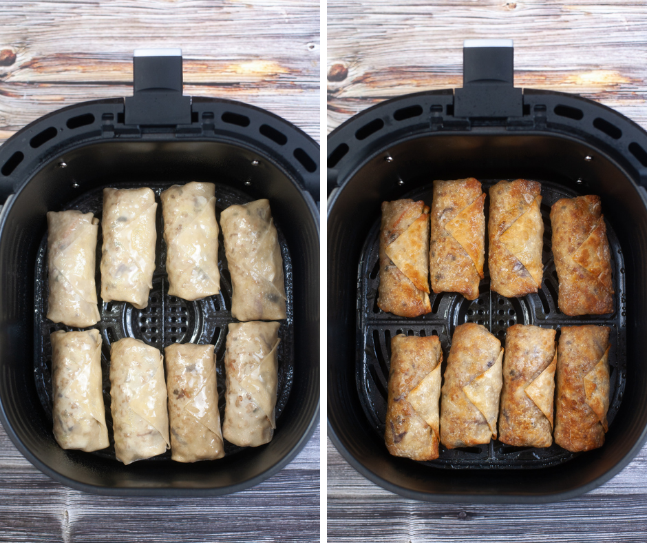 Collage of two Egg Roll photos in the air fryer. One before cooking and one after cooking that are browned. 