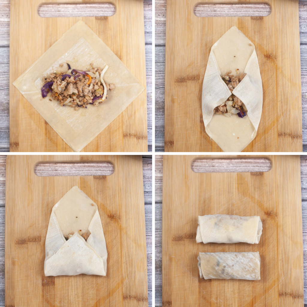 Four image collage on cutting board to show how to fold the egg roll wrapper around the filling. 