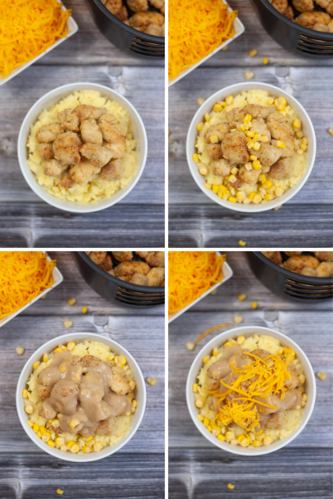 Collage images to show how to put together your own Copycat KFC Famous Bowl
