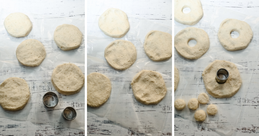 A collage image showing how to cut the refrigerated biscuit dough to make the easiest donuts in the air fryer from biscuits