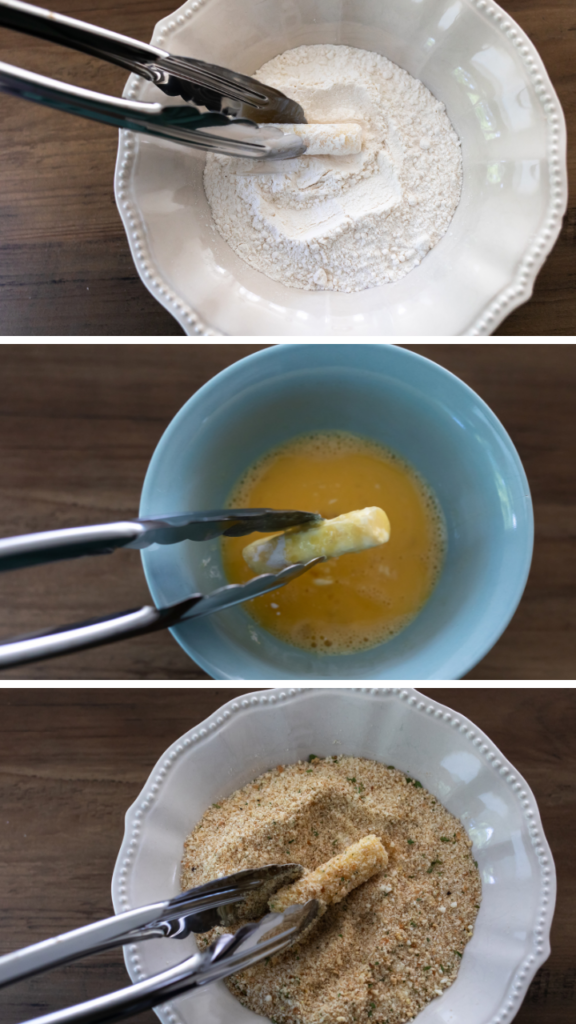 Collage image for dipping the string cheese into flour, egg, and breadcrumb mixture to make Air Fryer Mozzarella Sticks