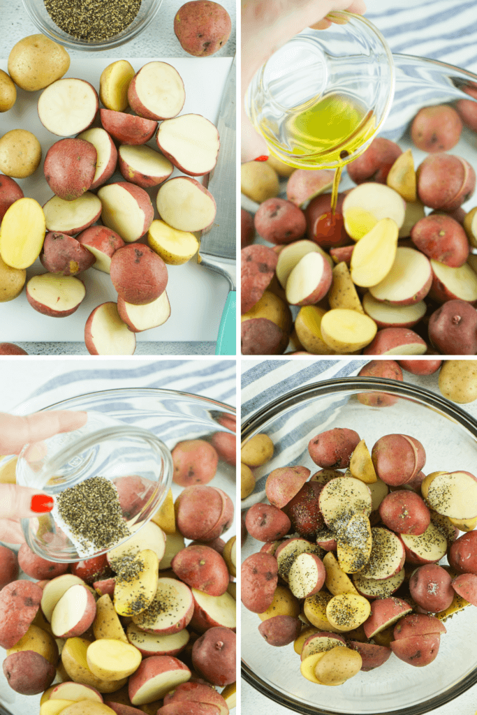 A four collage image showing how to get the air fryer roasted potatoes ready to cook in the air fryer